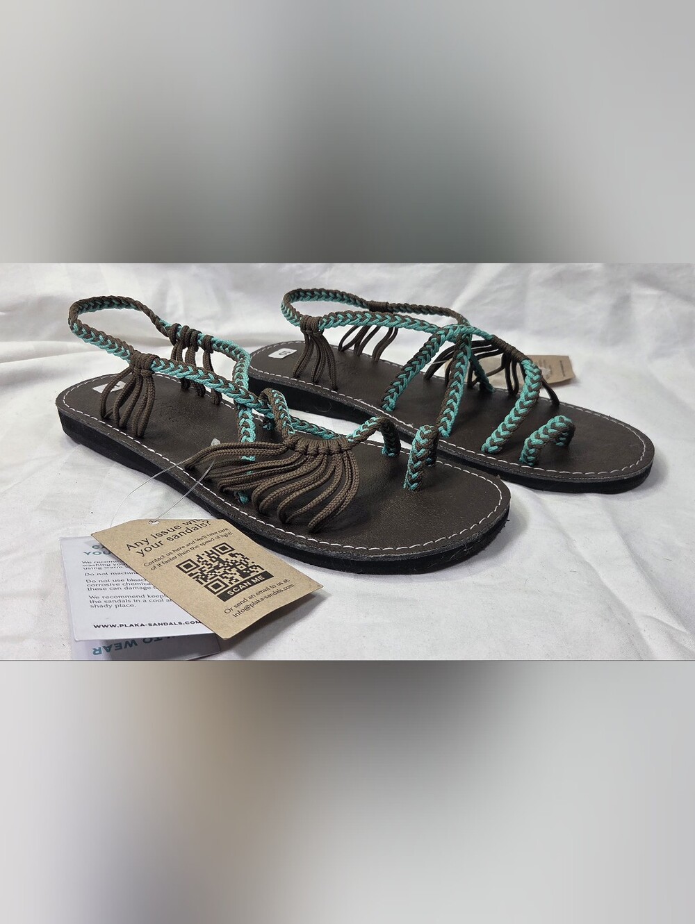 NEW Plaka Palm Leaf  Flat Rope Sandals Womens 10 Turquoise Gray Brown Braided - Picture 8 of 9